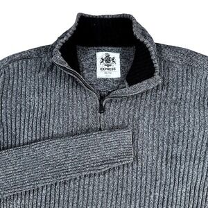 Express Mens XL Quarter Zip Sweater Charcoal Gray Ribbed Knit 100% Cotton 3575